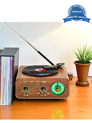 Urfakent Nostaljik Tasarım Plak Çalar Görünümlü Radyolu Bluetooth Hoparlör Retro Müzik Plak Açık Kahverengi
