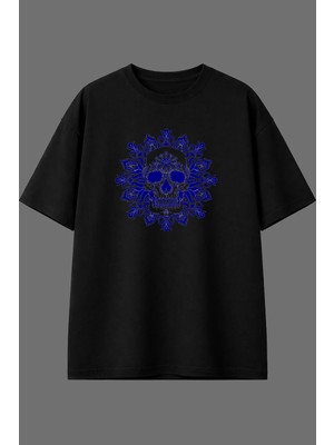 Vsrn Desenli Mavi Iskelet Tasarım Ön Baskılı Siyah Oversize T Shirt