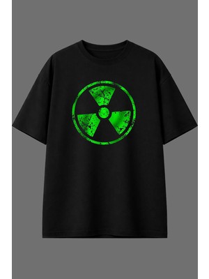 Vsrn Parçalı Yeşil Radyasyon Tasarım Ön Baskılı Siyah Oversize T Shirt