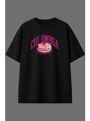 Vsrn Omega Waffles Tasarım Ön Baskılı Siyah Oversize T Shirt