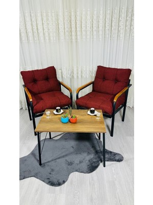 Sofmina  Lale Balkon, Bahçe, Cafe Metal Kanepe Koltuk Takımı 2 Tekli + Sehpa Bordo