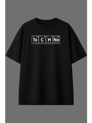 Vsrn Dna Techno Tasarım Ön Baskılı Siyah Oversize T Shirt