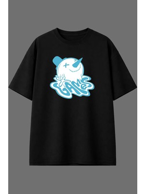 Vsrn Eriyen Kar Tasarım Ön Baskılı Siyah Oversize T Shirt