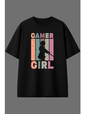 Vsrn Gamer Gırl Tasarım Ön Baskılı Siyah Oversize T Shirt
