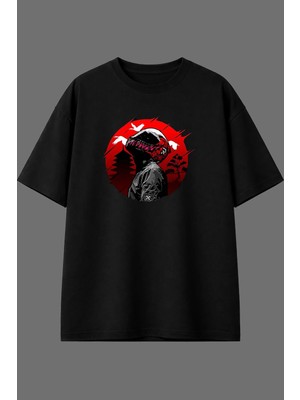 Vsrn Yuvarlak Motorcu Kuşlar Tasarım Ön Baskılı Siyah Oversize T Shirt