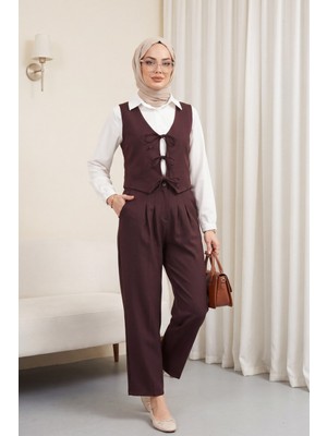 Moda Morfo Önü Bağlamalı Yelek Pantolon İkili Takım    -K. Bordo