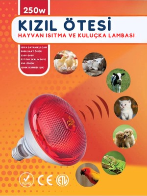 Urfakent 250W Kızılötesi (Infrared) Isıtıcılı Hayvan Isıtma ve Kuluçka Lambası (Kırmızı Işık) E27 (Kalın Duy)