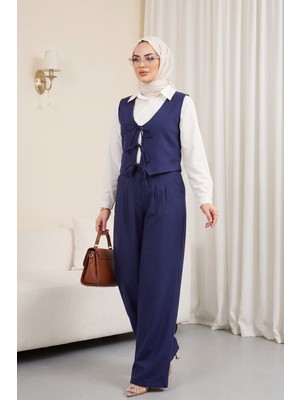 Moda Morfo Önü Bağlamalı Yelek Pantolon İkili Takım    -Lacivert
