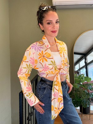 Ali Butik Desenli Önü Açık Crop Keten Gömlek