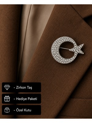 Herşey Nota Hediye Ay Yıldız Taşlı Kadın Broş Rozet Gümüş Renk Zirkon Taşlı