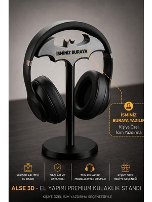 Alse 3D Batman Logolu Kişiye Özel Kulaklık Standı - Premium Sert Plastik Tutucu Askı