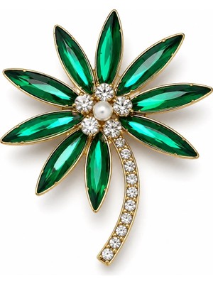 Felix Accessories Yeşil Kristal Çiçek Broş
