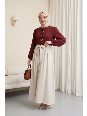 Moda Morfo Önü Fiyonk Detaylı Düğmeli Kolu Lastikli Bluz   -Bordo