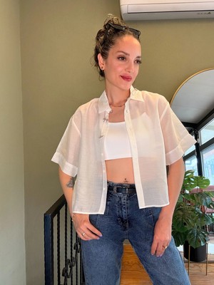 Ali Butik Ekru Şifon Crop Gömlek