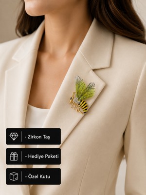 Herşey Nota Hediye Arı Figürlü Zirkon Taşlı Yeşil Premium Kanat Kadın Broş Rozet