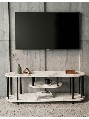 Mooncapella Çevir-Kur Tv Ünitesi, 2 Katlı Televizyon Sehpası, Minimalist, Dayanıklı, TV Standı  beyaz mermer görünümlü siyah