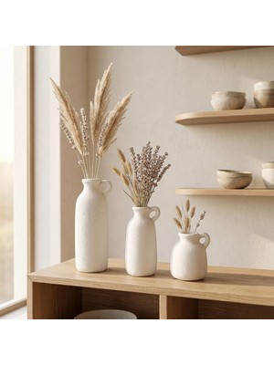 binbirdemet El Yapımı 3’lü Kulplu Dekoratif Vazo Seti | Modern Iskandinav Minimal Tasarım | Ham Beyaz Premium Vazo Seti