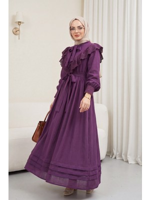 Moda Morfo Yakası Ve Beli Bağlamalı Fistolu Astarlı Krinkıl Elbise  -Mor