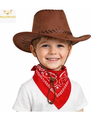 Urfakent Çocuk Kovboy Şapka Kahverengi &amp; Kırmızı Bandana Seti