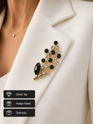 Herşey Nota Hediye Zümrüt Yeşili Taşlı Gold Kadın Premium Broş Rozet