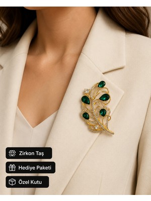 Herşey Nota Hediye Zümrüt Yeşili Taşlı Gold Renk Kadın Broş Rozet