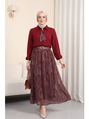 Moda Morfo Beli Kemerli Fularlı Astarlı Etekli Şifon Takım  -Bordo