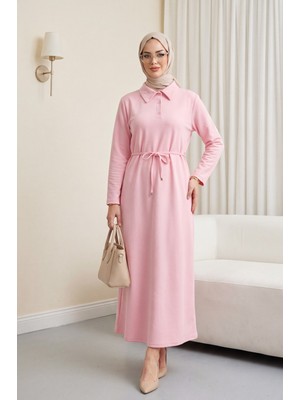 Moda Morfo Yakalı  Düğmeli Beli Bağlamalı Penye Elbise  -Pudra