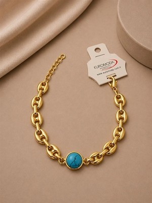 twingold Denizci Zinciri Detaylı Turkuaz Taşlı Gold Renk Bileklik