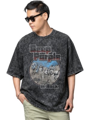 Sevbano Deep Purple Rock Metal Müzik Grubu Baskılı Unisex Oversize Vintage Yıkamalı Tişört
