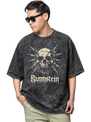 Sevbano Rammstein Rock Metal Müzik Grubu Baskılı Unisex Oversize Vintage Yıkamalı Tişört