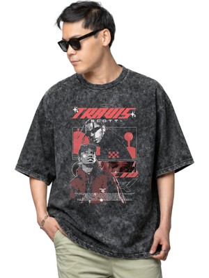 Sevbano Travis Scott Rapper Şarkıcı Baskılı Unisex Oversize Vintage Yıkamalı Tişört