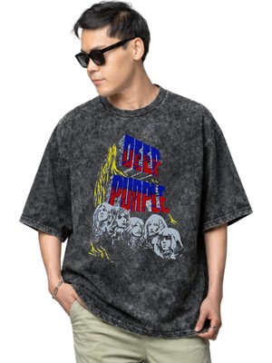 Sevbano Deep Purple Rock Metal Müzik Grubu Baskılı Unisex Oversize Vintage Yıkamalı Tişört