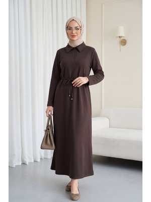 Moda Morfo Yakalı  Düğmeli Beli Bağlamalı Penye Elbise  -K. Kahve