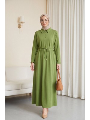 Moda Morfo Yakalı  Düğmeli Beli Bağlamalı Penye Elbise  -Çağla Y.