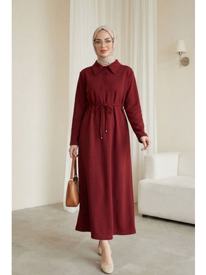 Moda Morfo Yakalı  Düğmeli Beli Bağlamalı Penye Elbise  -Bordo