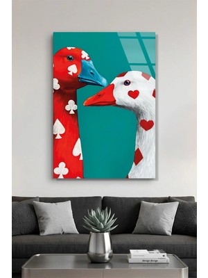 Vitraum Iskambil ve Kalp Desenli Esprili Iki Ördek Pop Art Cam Tablo