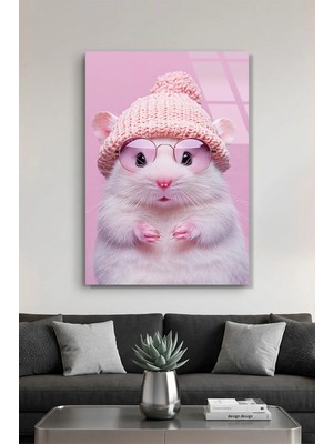 Vitraum Pembe Gözlüklü ve Şapkalı Sevimli Hamster Illüstrasyonu Cam Tablo