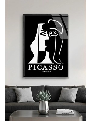 Vitraum Picasso Tarzı Minimalist Siyah Beyaz Soyut Yüz Çizimi Cam Tablo