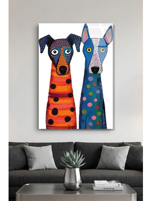 Vitraum Pop Art Tarzı Renkli Iki Benekli Iki Köpek Figürü Cam Tablo