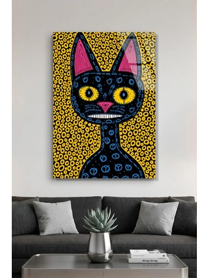 Vitraum Soyut ve Modern Folk Art Tarzı Esnik Kara Kedi Cam Tablo