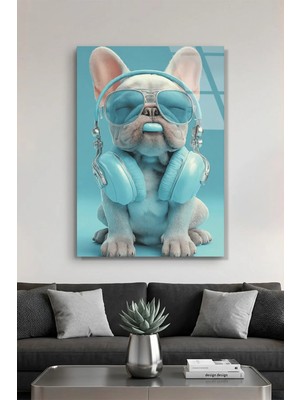 Vitraum Turkuaz Gözlüklü ve Kulaklıklı Cool French Bulldog Cam Tablo