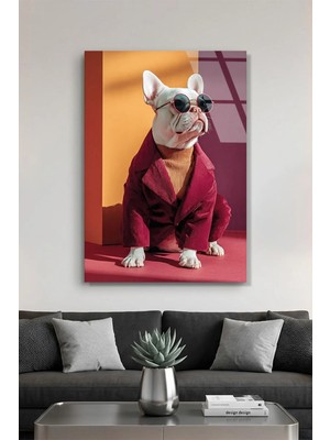 Vitraum Kırmızı Ceketli ve Gözlüklü Tarz Fransız Bulldog Cam Tablo