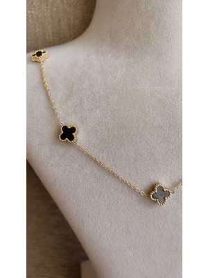 Liva Accessories Zincirli Kolye-Siyah Renkli, Kararmayan, Anti-Alerjik, Çok Kaliteli, Beşli Mini Cleef Çiçekleri