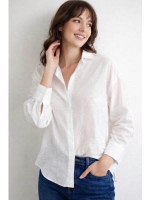 Meine Liebe Unterwäsche Nakışlı Işlemeli Oversize Beyaz Kadın Gömlek, Relax Fit