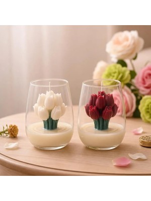 Beyra Decor Kırmızı & Beyaz Lale Mum Ikili Set – Cam Bardakta Dekoratif Çiçek Mum | Hediye & Nişan