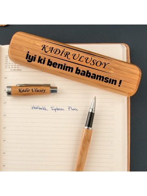 Çılgıntrend Babalar Günü Hediyesi Isme Özel Bambu Ahşap Roller Kalem Seti - Iyi Ki Benim Babamsın Kutulu Kalem