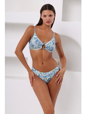 Lapieno Lapıeno Kadın Mavi Desenli Aksesuar Detaylı Çıkarılabilir Kaplı Üçgen Bikini Takımı