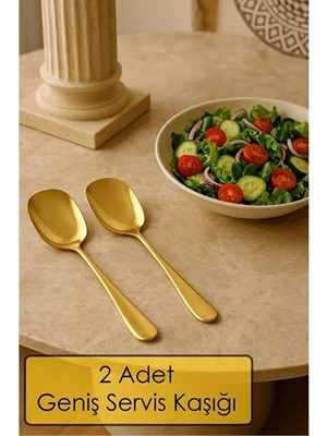 Kitchen Dream Pratik 2 Adet Paslanmaz Gold Çelik Lüx Servis Salata Kaşığı Spatula Çelik Yemek Servis Kaşığı 21CM