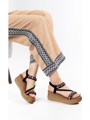 Suins Shoes Suins Walty Model Hasır Desenli Kadın Dolgu Taban Sandalet