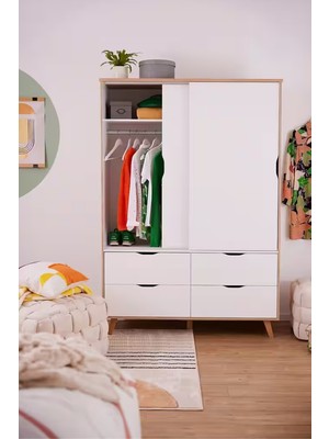 Sare Trade Hernest 140X201X53 cm Sürgülü Kapaklı Gardırop – 4 Çekmeceli Beyaz Meşe Renk Elbise Dolabı | Modern Yatak Odası Gardırop